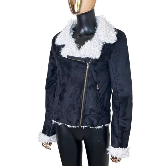 CAGE Black Faux Suede Sherpa Moto Jacket – Women’s Medium - Picture 3 of 11